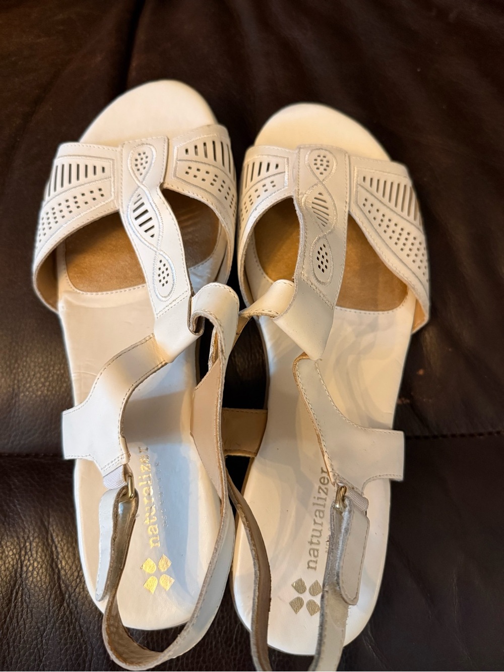 Naturalizer Cream Perforated T-Strap Slingback Sandals